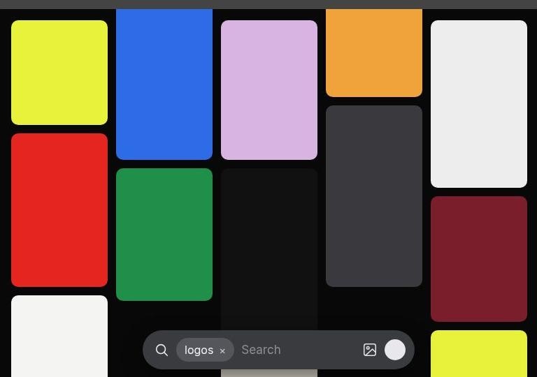 Results state of the Bronze search input over a gallery of flat colour tiles.